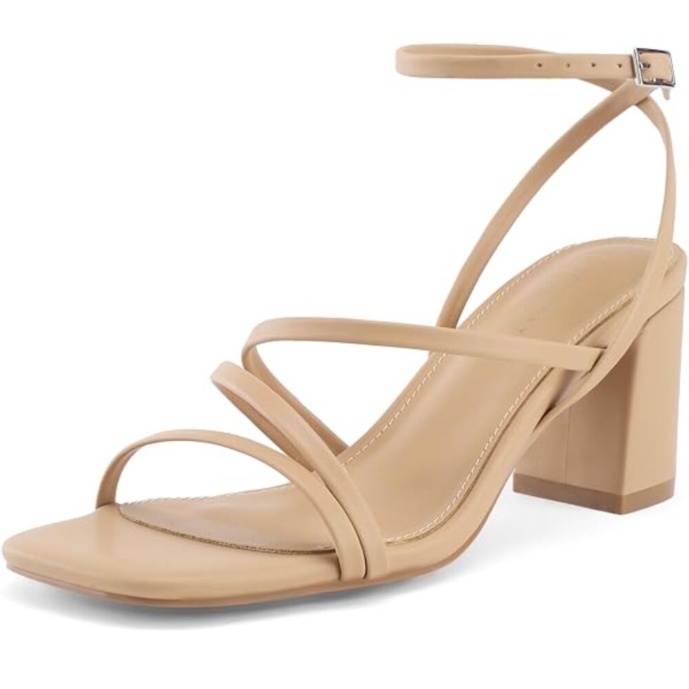 LACUONE Women's US 7 Strappy Block Heels Square Toe Chunky Ankle Buckle Pump Hee